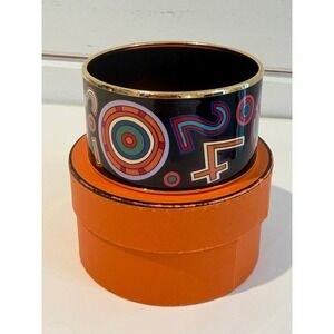 Hermes Enamel Bangle Wide Bracelet Multi-Color Geometric Gold Plated Paris Box